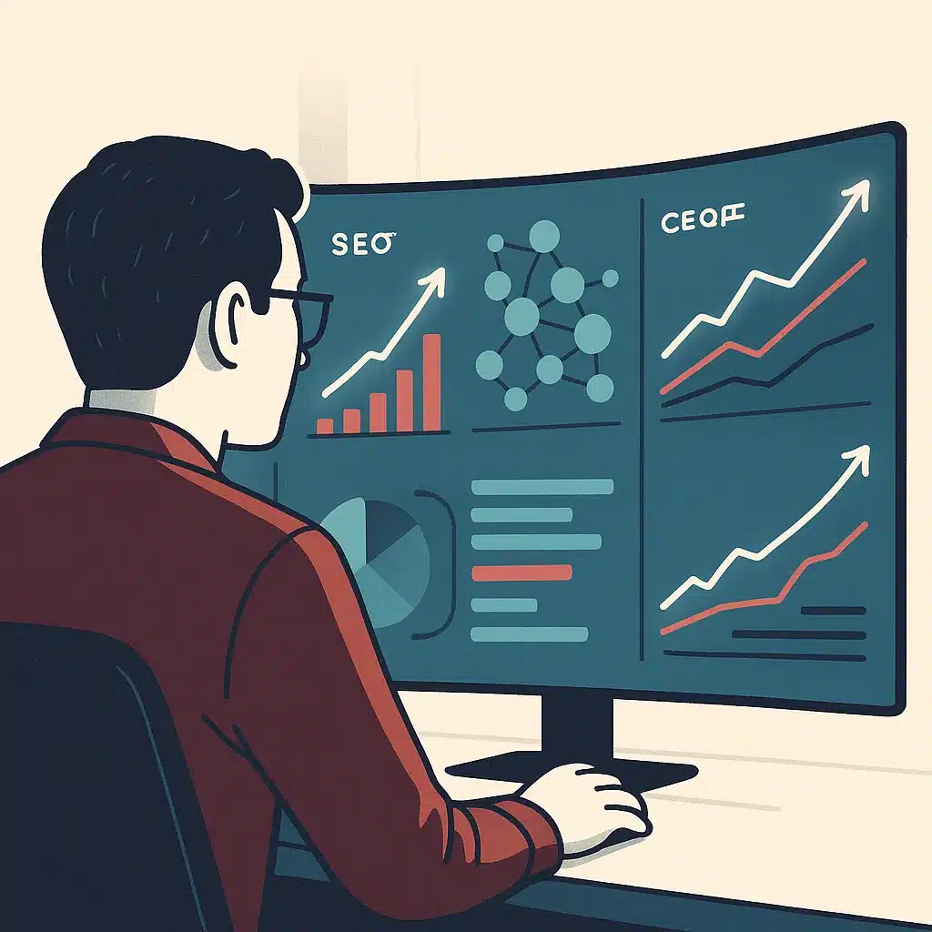 An analyst examines a large curved monitor displaying SEO ranking charts and competitor comparison graphs in a modern office.