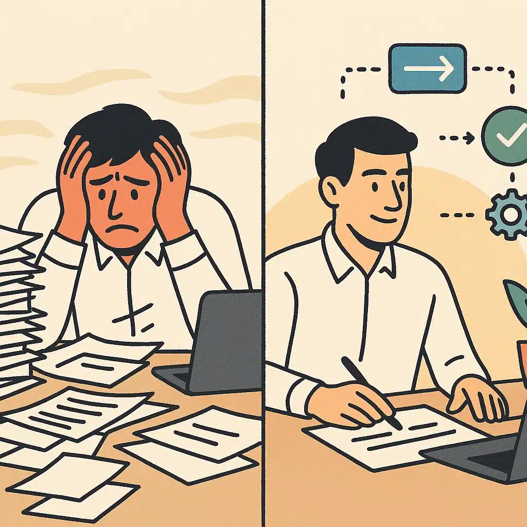 A split-scene shows a stressed worker overwhelmed with paperwork on one side and the same worker calmly engaged in strategic tasks on the other.