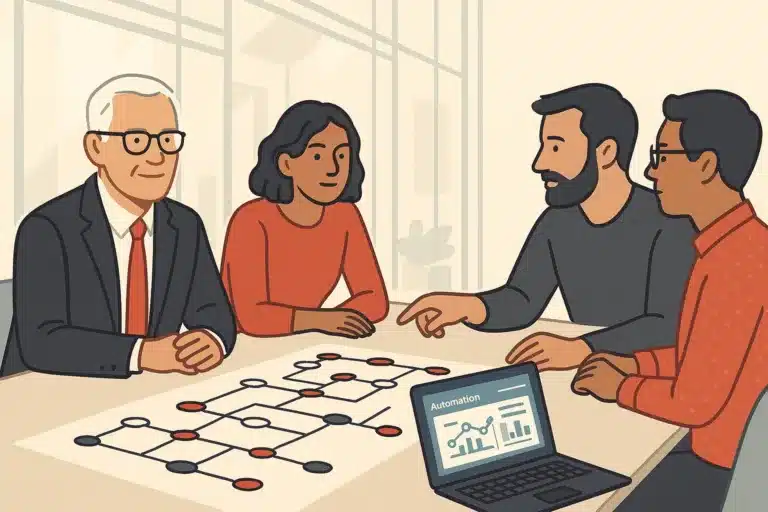A business advisor collaborates with a technical team over a table filled with workflow diagrams and a laptop in a modern office.