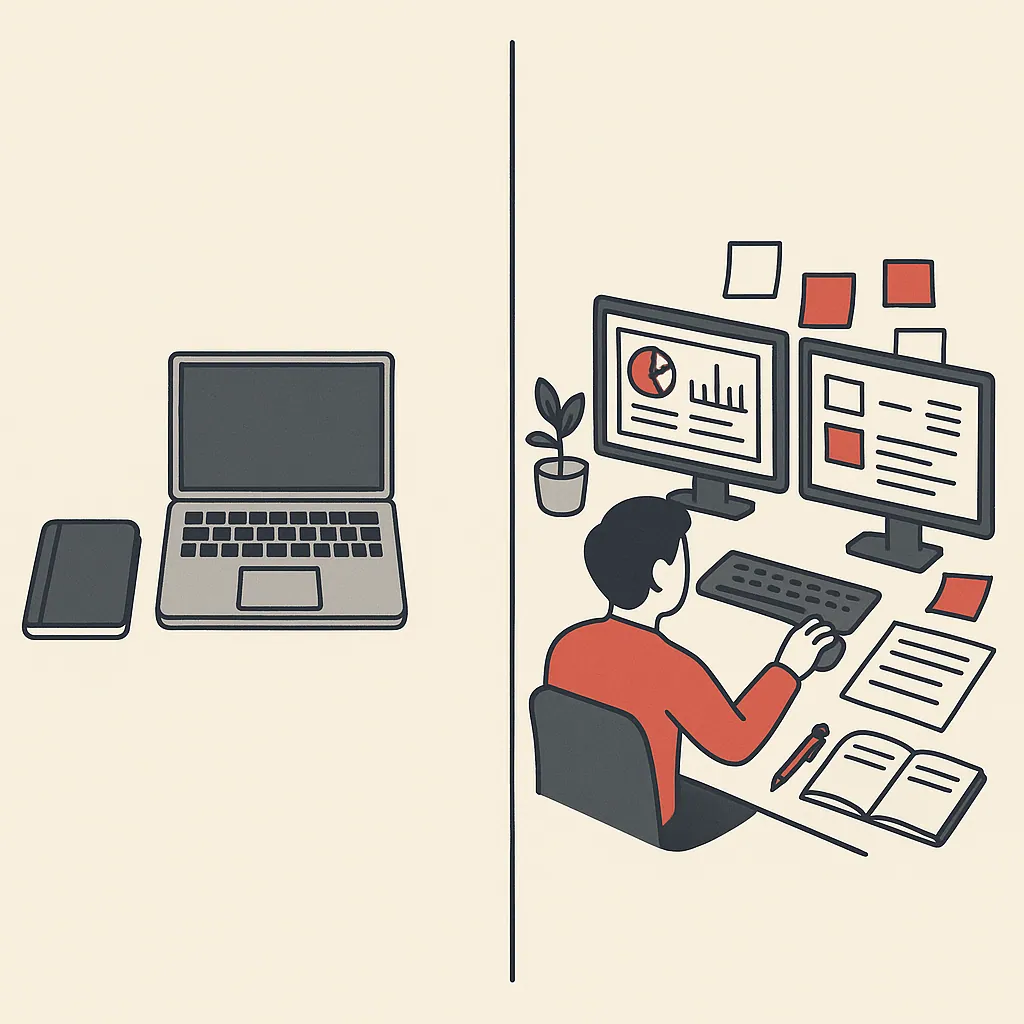 Two contrasting desk setups side by side, one minimal with a laptop and notebook, the other busy with multiple monitors and notes.