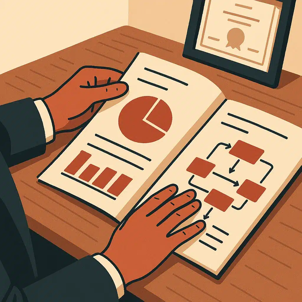 A professional's hands are reviewing a printed portfolio of project results and workflow diagrams on a wooden desk.