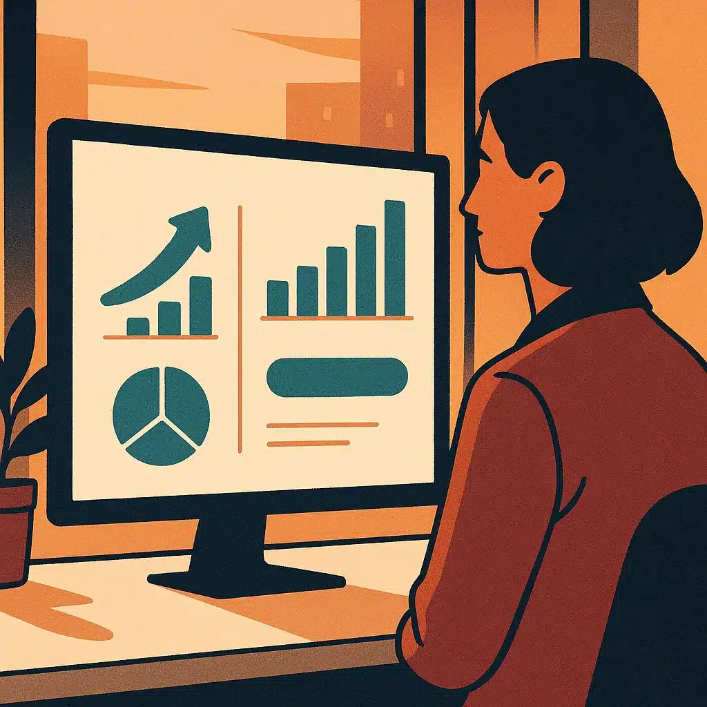 A business operations leader observes a dashboard displaying rising efficiency metrics and time-saved figures in a modern office.