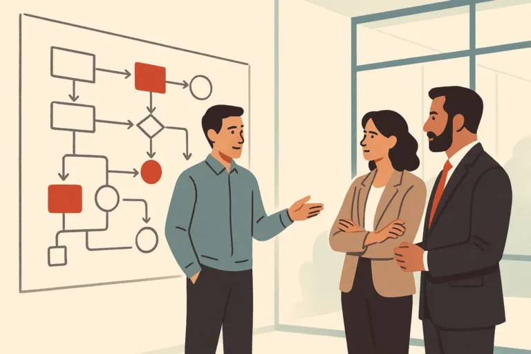 A technology advisor and two business owners discuss a workflow diagram on a glass wall in a modern office with natural light.
