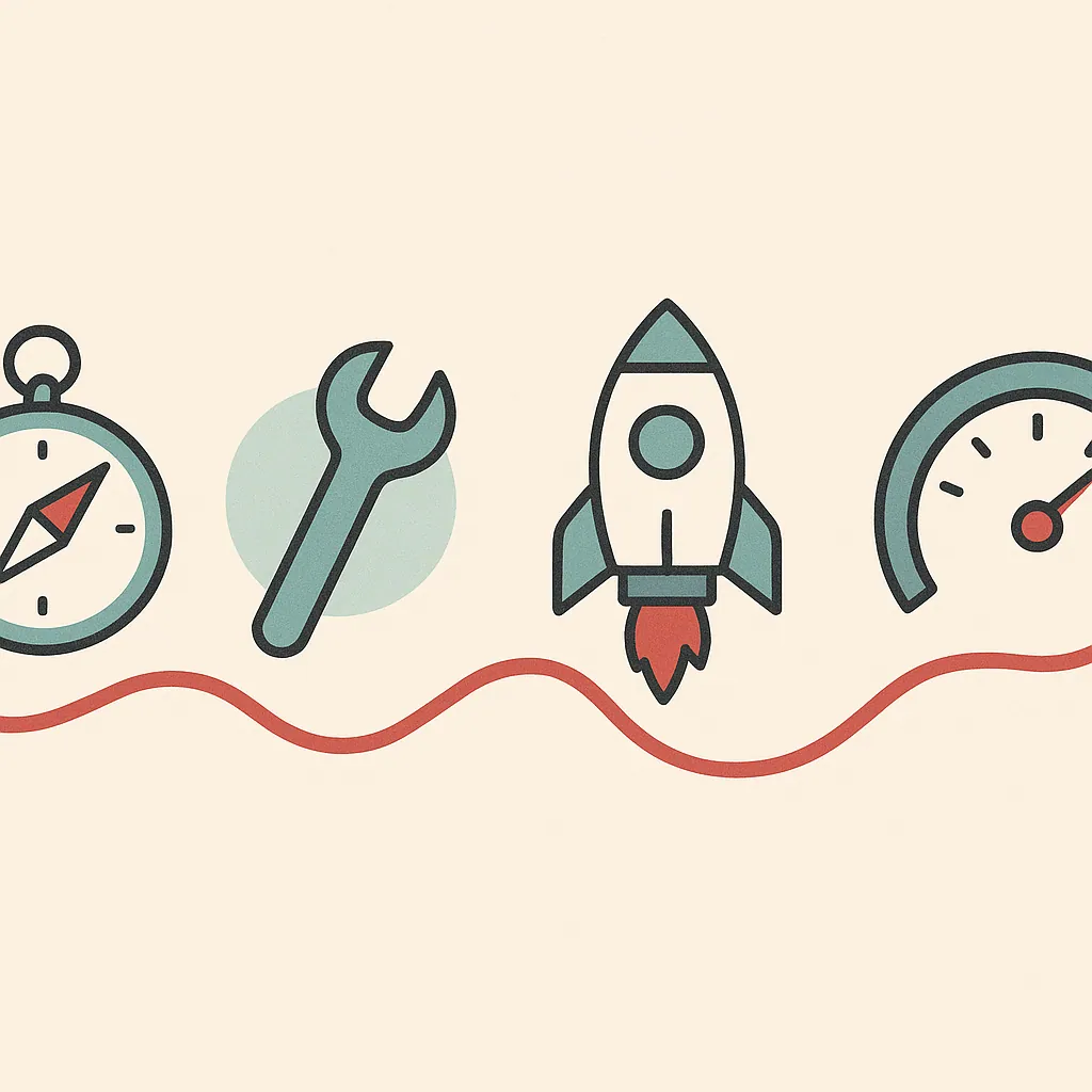 Four panels depict the progression from strategy to build to deployment to run, using icons of a compass, wrench, rocket, and gauge.