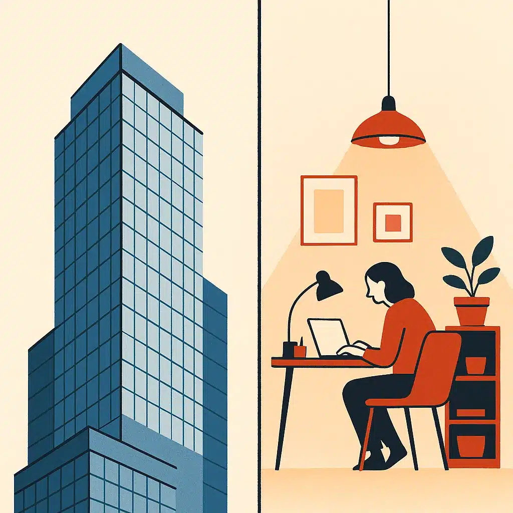 A tall glass skyscraper is on the left, while a cozy studio workspace is on the right, highlighting contrasting business environments.