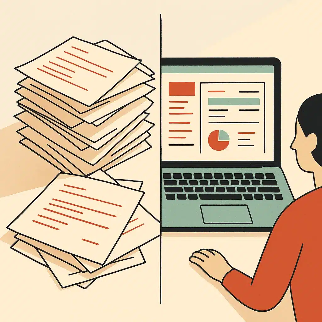 A cluttered stack of paper invoices sits next to a clean digital dashboard displayed on a laptop screen.