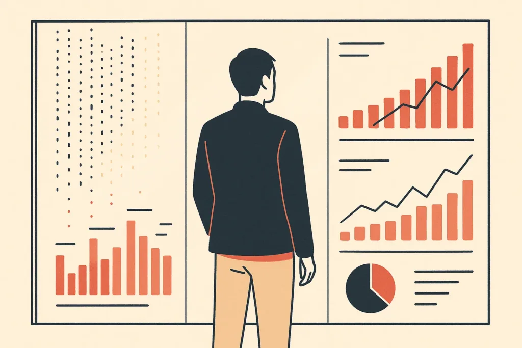 A modern operations analyst stands before a large glass wall displaying glowing data visualizations and transforming charts.