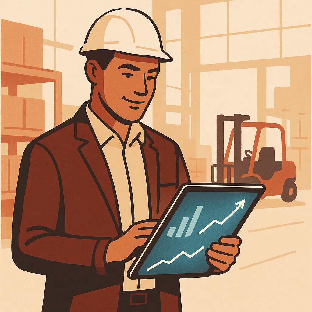A confident operations leader reviews a tablet dashboard displaying charts and trend lines in a warehouse with blurred forklifts.