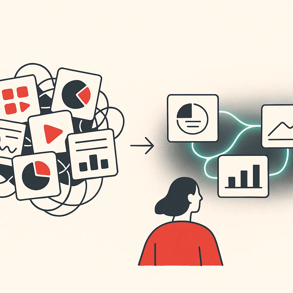 A chaotic arrangement of software icons and dashboards on the left transforms into a streamlined flow on the right with glowing connections.