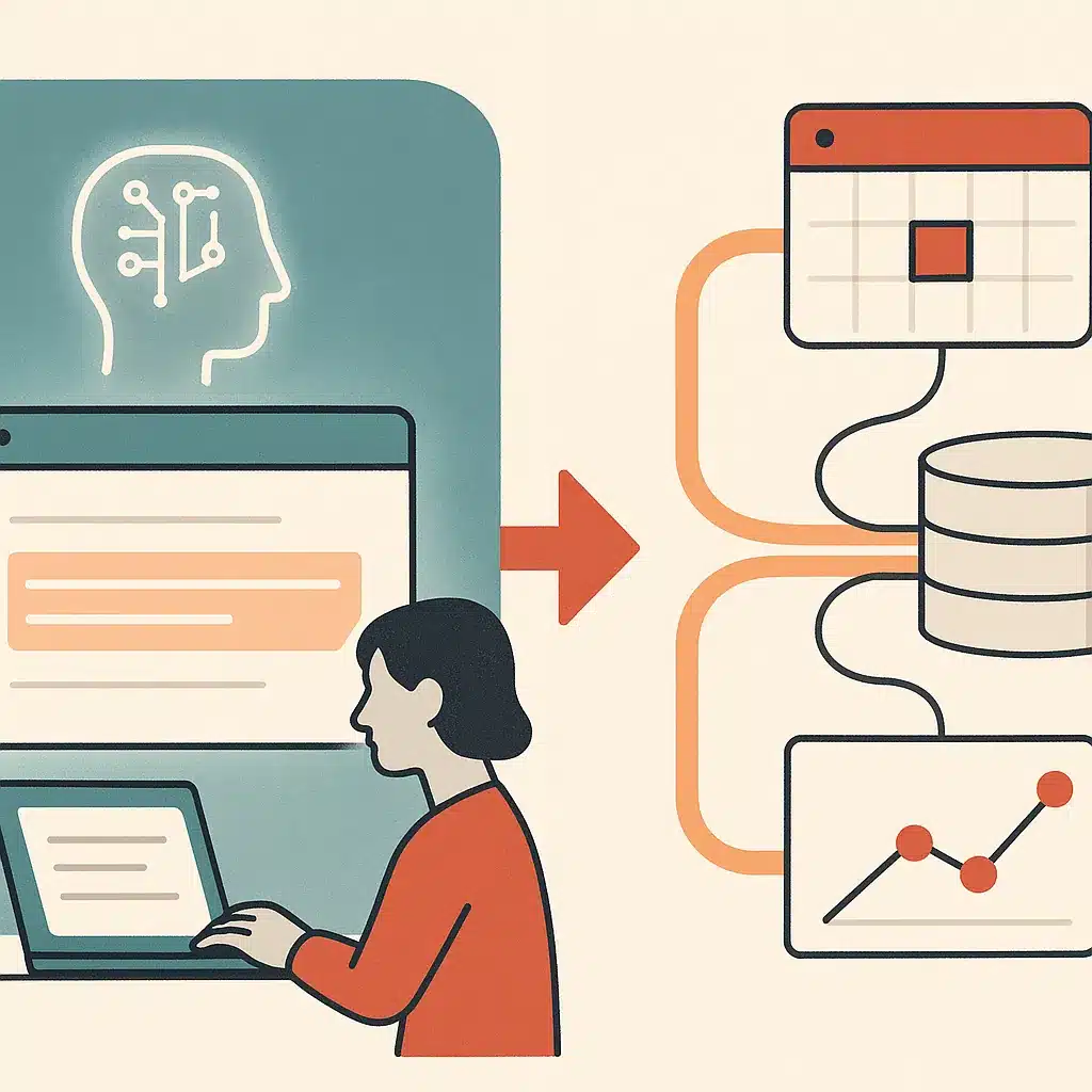 A split-screen image showing an email being read on the left and connected business systems updating on the right.