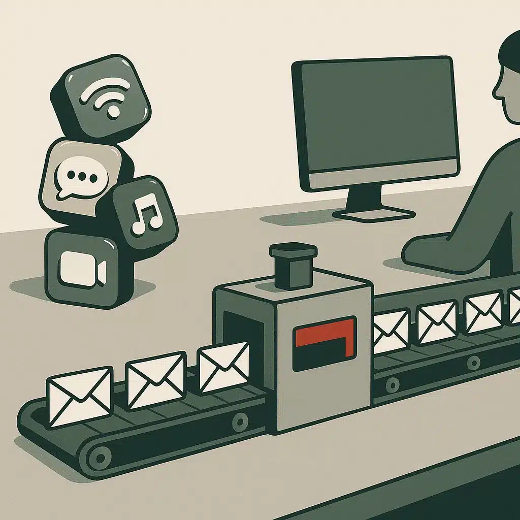 A desk scene showing a small stack of gadget icons beside a conveyor belt processing email tasks.