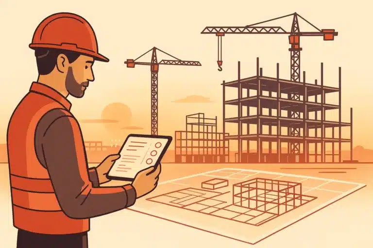 A project manager holds a tablet at a construction site with cranes and steel framing in the background during golden hour.