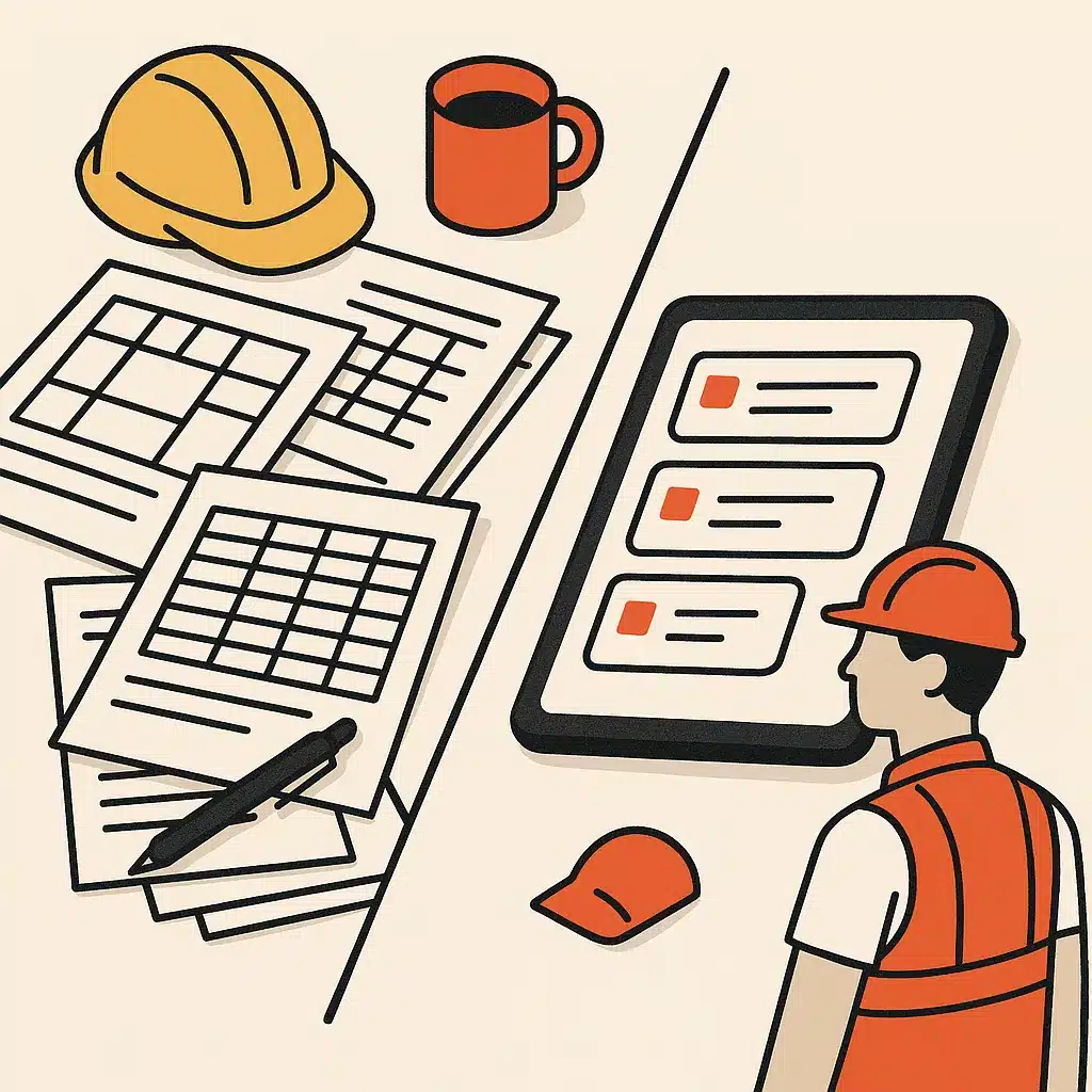 A construction site office desk showing a transition from cluttered paper forms to a clean tablet with organized digital workflow cards.