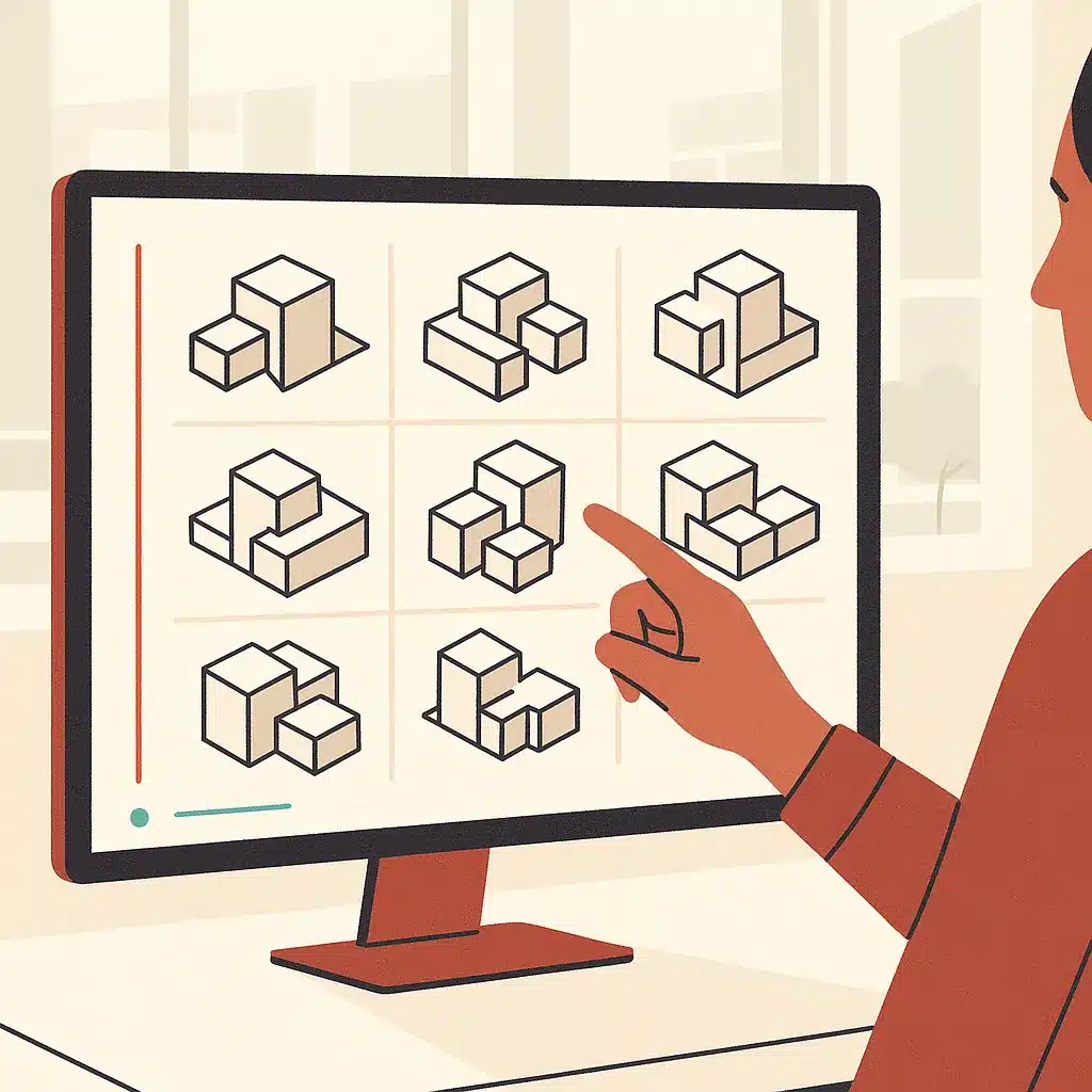 A large monitor displays multiple 3D building layout options in a preconstruction office, with an architect's hand pointing at one.