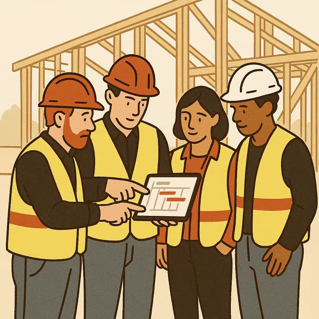 A construction crew of three workers reviews a tablet on a wood-framed house site, with one pointing at the screen.