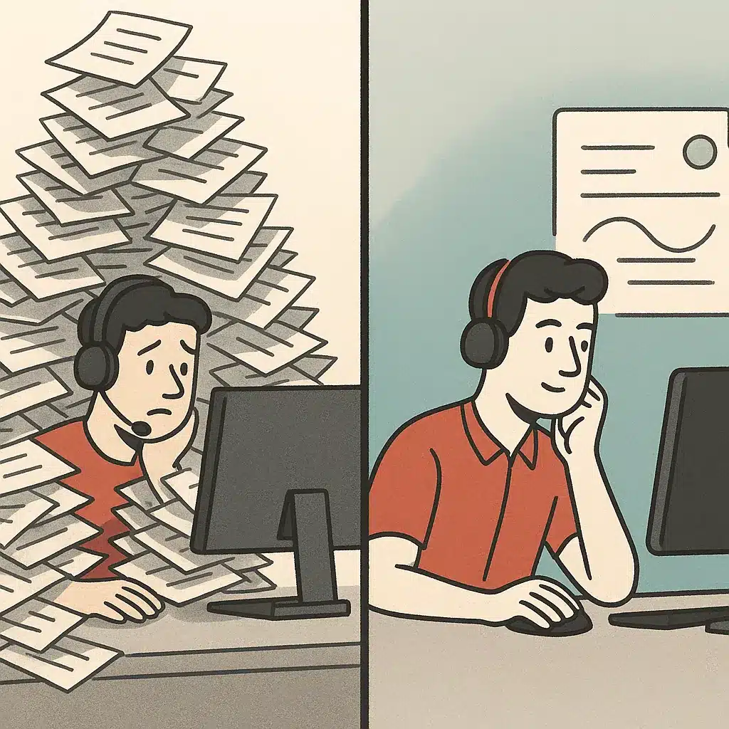 A support agent is shown overwhelmed by a stack of tickets on one side and calmly working on a single case on the other.