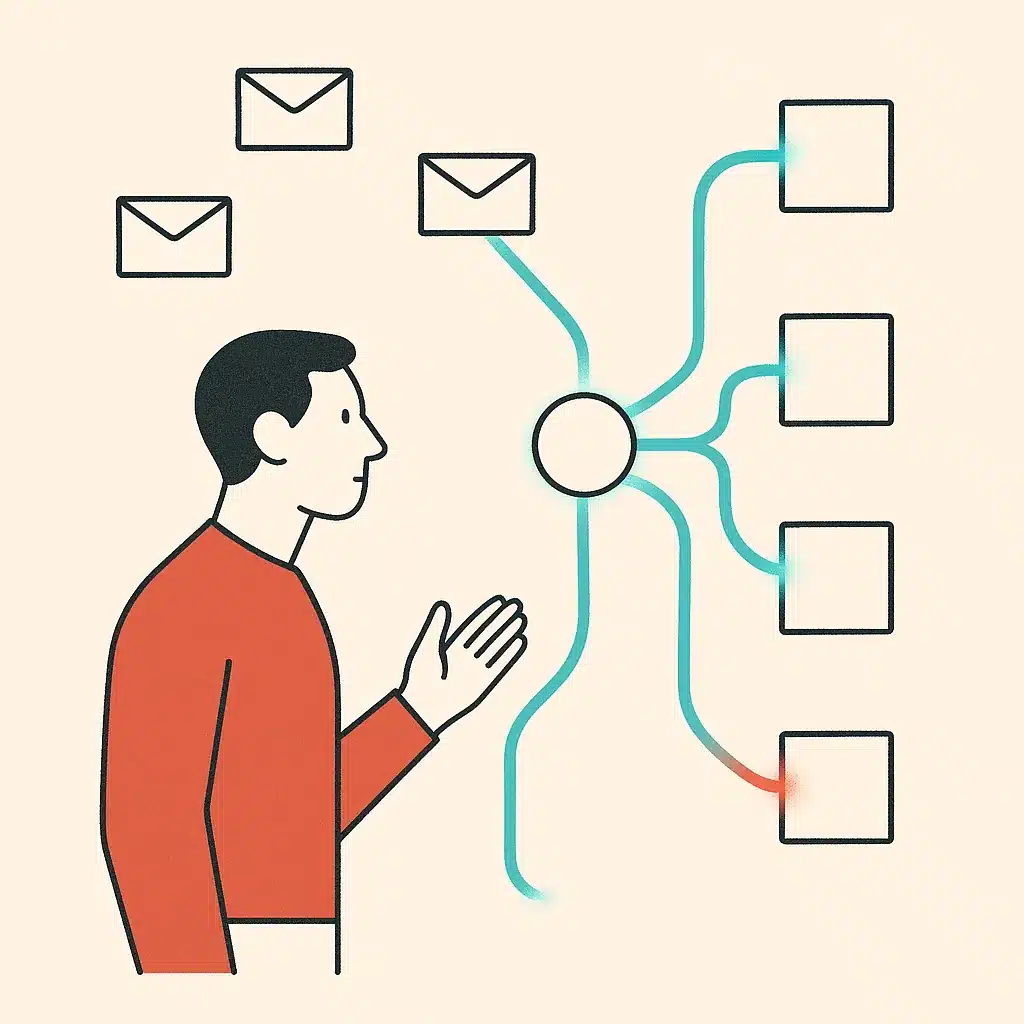 A flow diagram with glowing pathways sorting message icons into labeled lanes, directed by a central node.