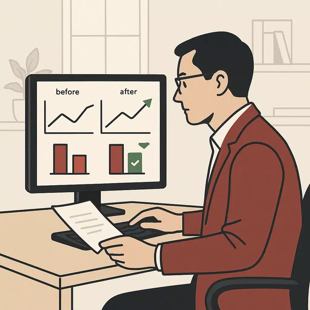 A focused operations manager reviews a metrics dashboard on a large monitor, displaying positive trends in deflection rate and resolution time.