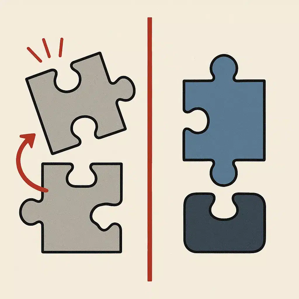 A rigid puzzle piece is being forced into a mismatched slot next to a perfectly tailored piece fitting a custom-shaped opening.