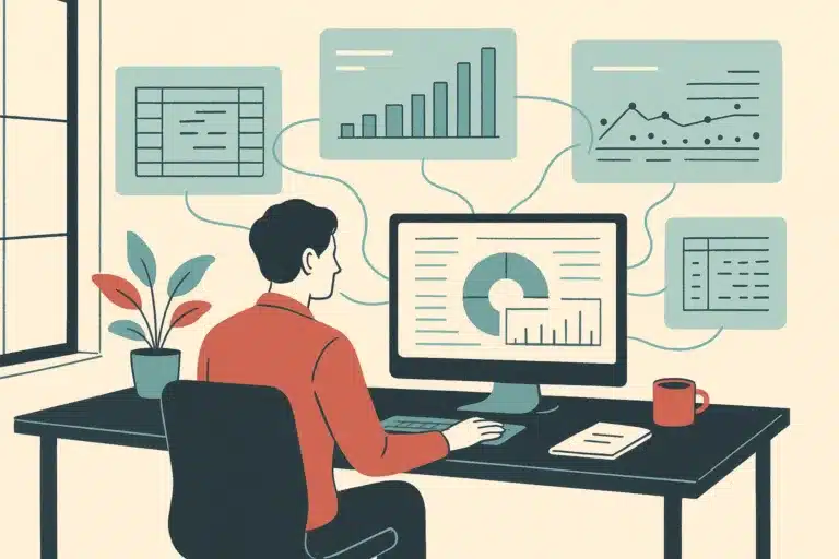 A finance professional reviews holographic data streams on a modern operations desk with a central dashboard in a dark workspace.