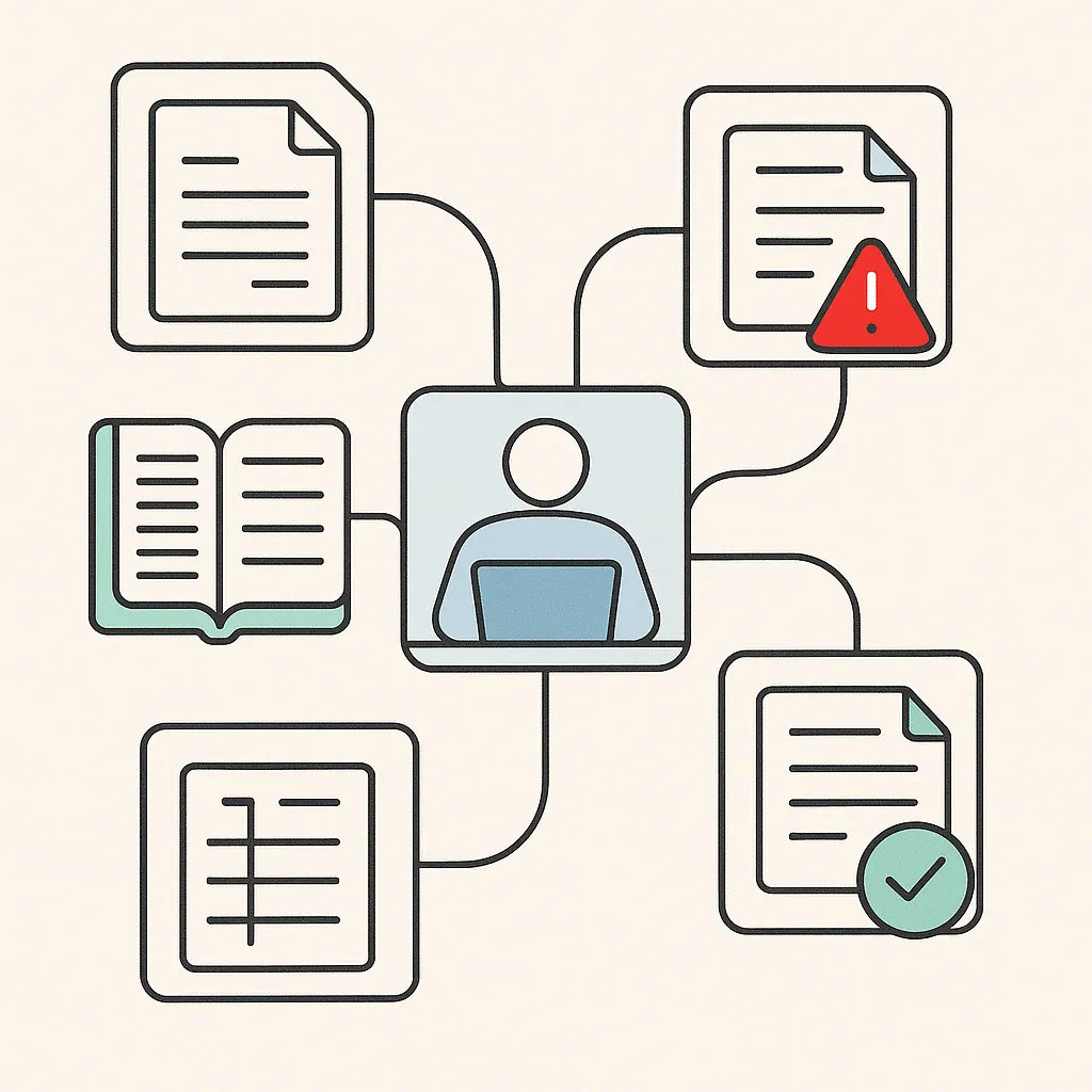 Finance automation icons, invoices, ledgers, fraud alerts, and reconciliation checkmarks connected by lines to a central hub.