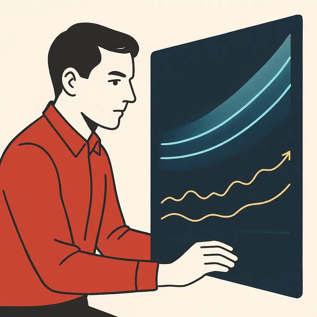 A finance analyst examines a large screen displaying predictive forecasts, cash-flow projections, and trend lines.
