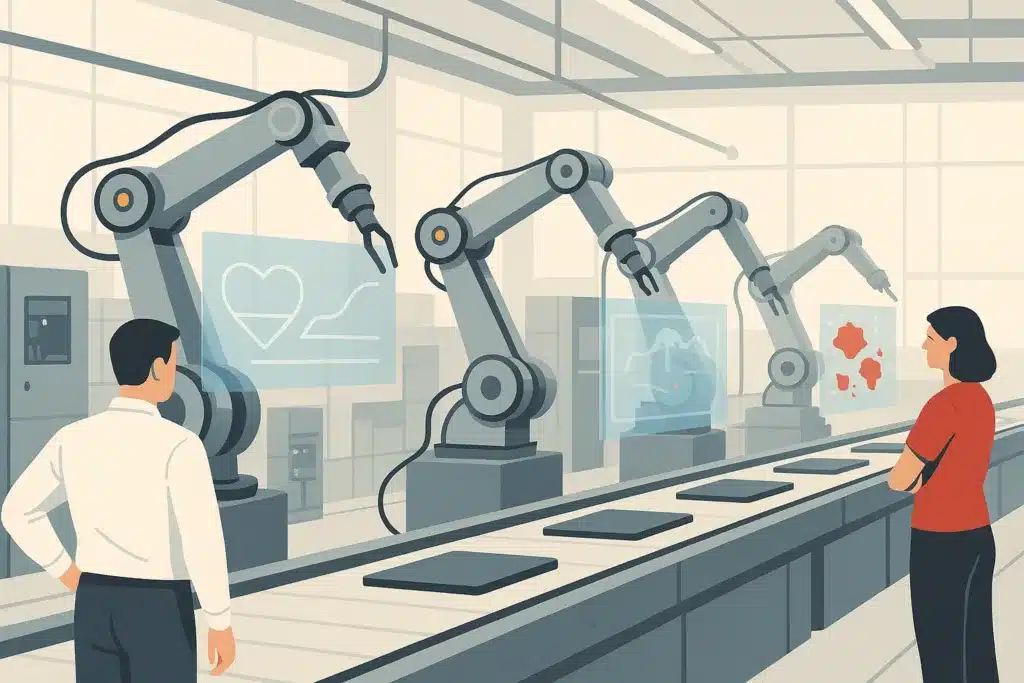A modern manufacturing floor featuring robotic arms and conveyor systems with holographic data overlays displaying machine metrics.