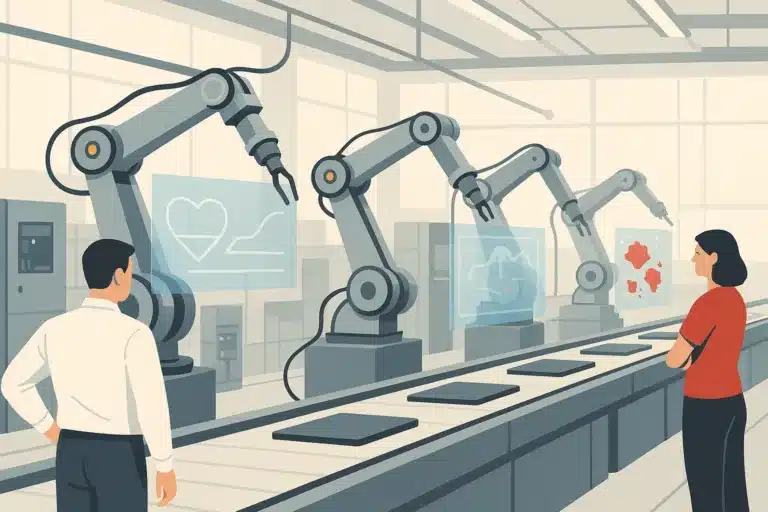 A modern manufacturing floor featuring robotic arms and conveyor systems with holographic data overlays displaying machine metrics.