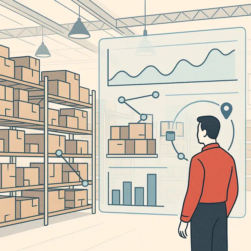 A large distribution warehouse with organized inventory shelves and a digital dashboard overlay displaying demand forecasts and stock levels.