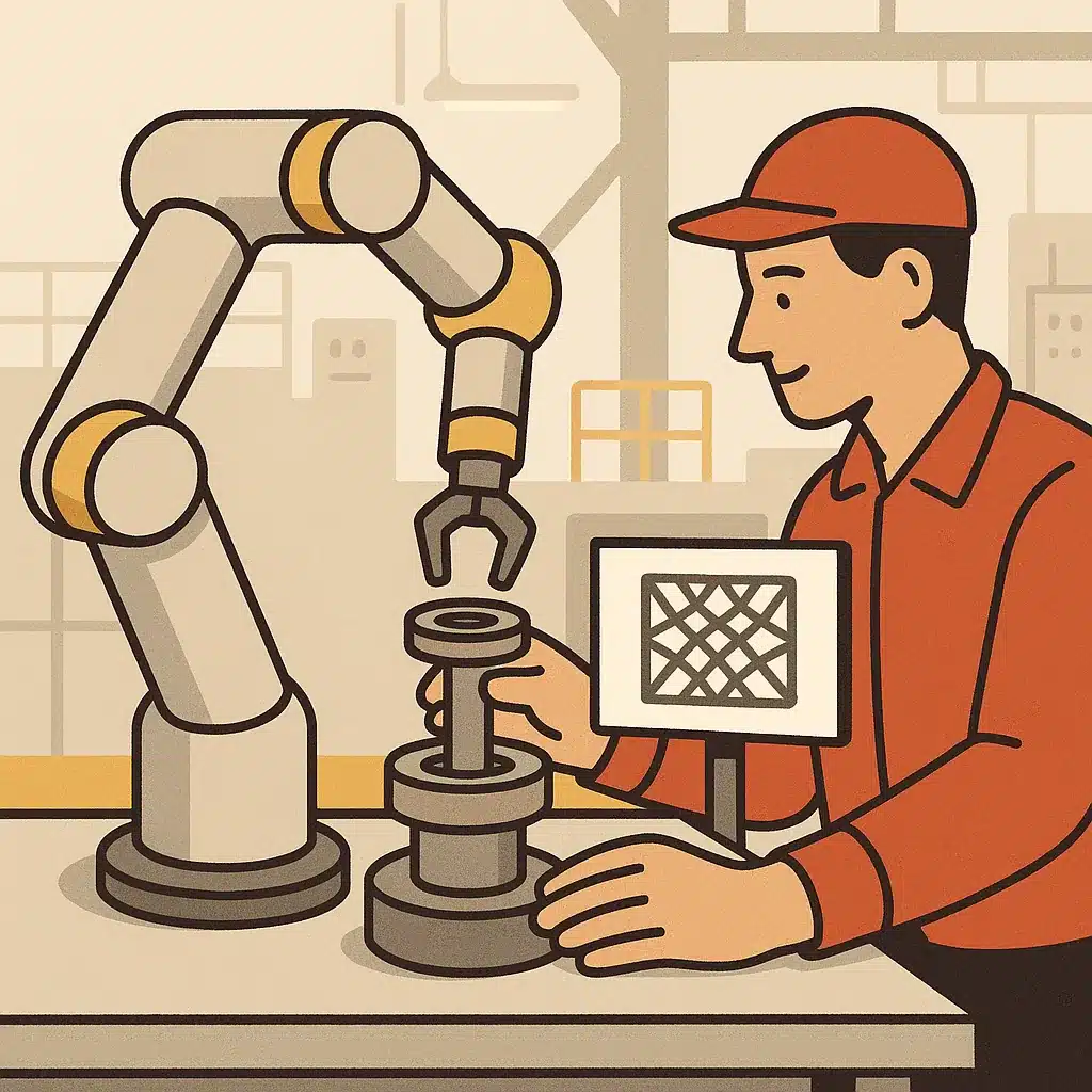 A robot arm and a human technician work together to assemble a component, with a screen showing a part design nearby.