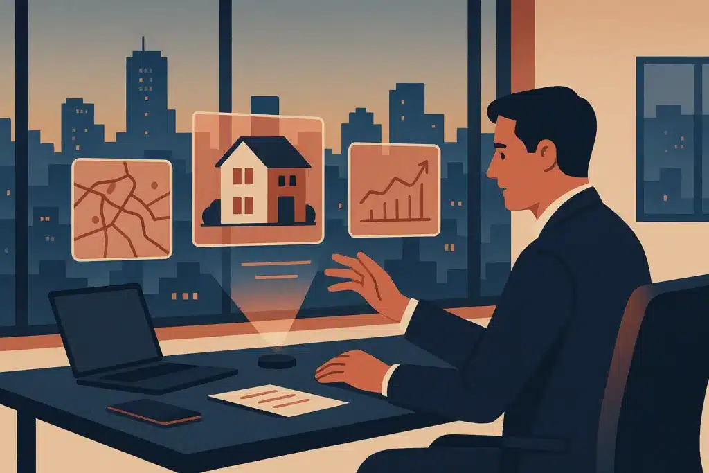 A real estate broker reviews holographic property data and charts at a sleek desk with a city skyline visible through large windows.