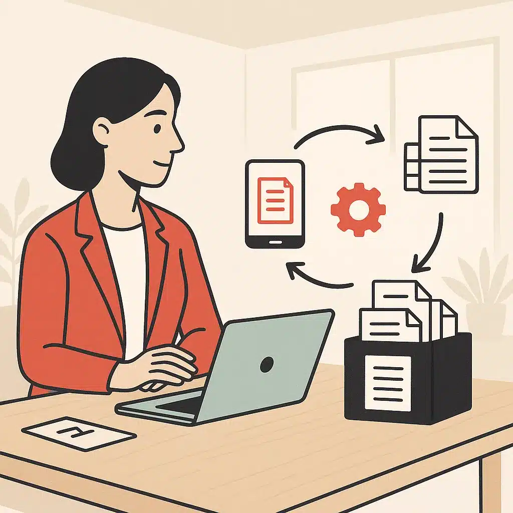A real estate professional observes automated workflow icons moving between a laptop, phone, and filing system at a clean desk.