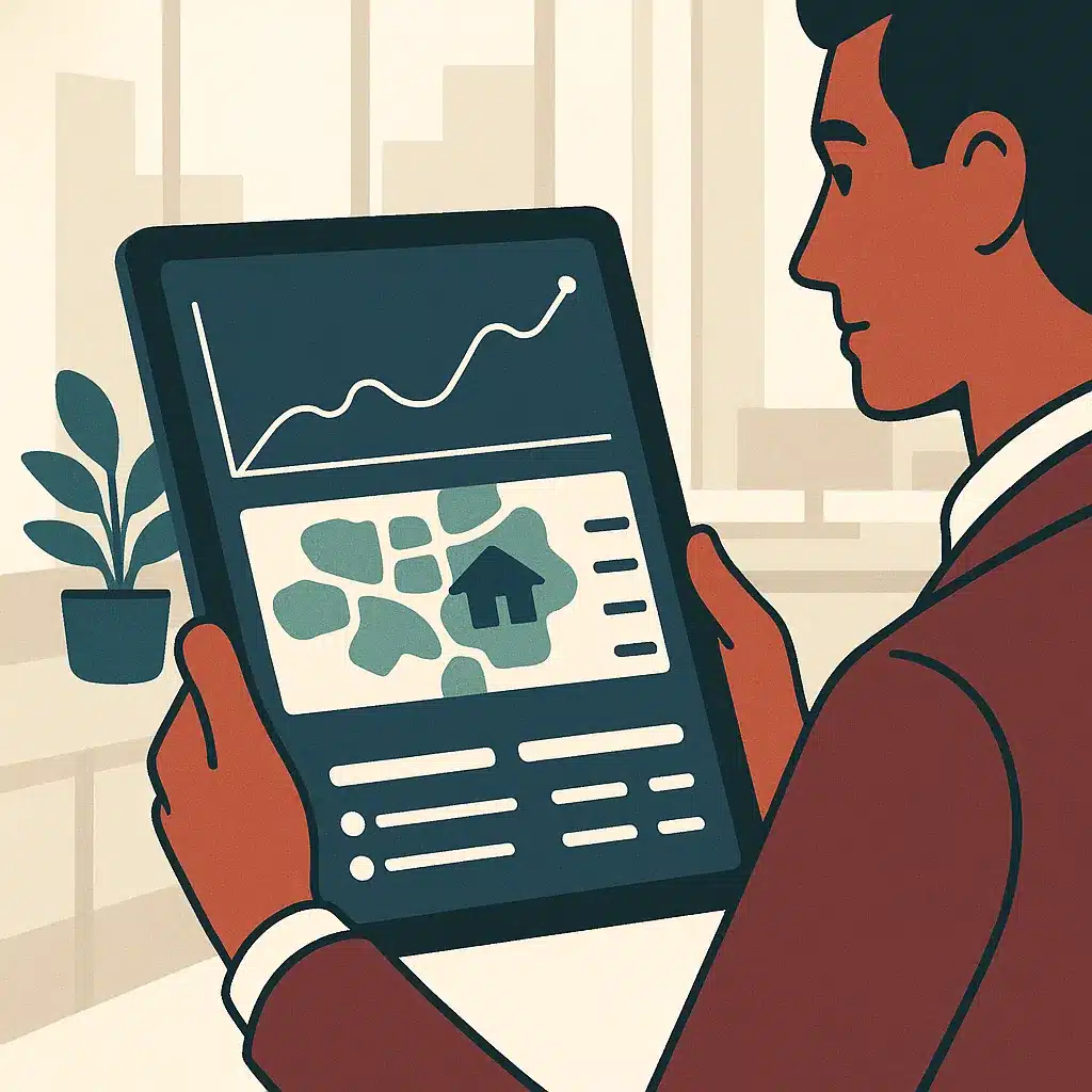 A tablet showing a property valuation dashboard with pricing curves and neighborhood heat maps, held by an analyst in an office.