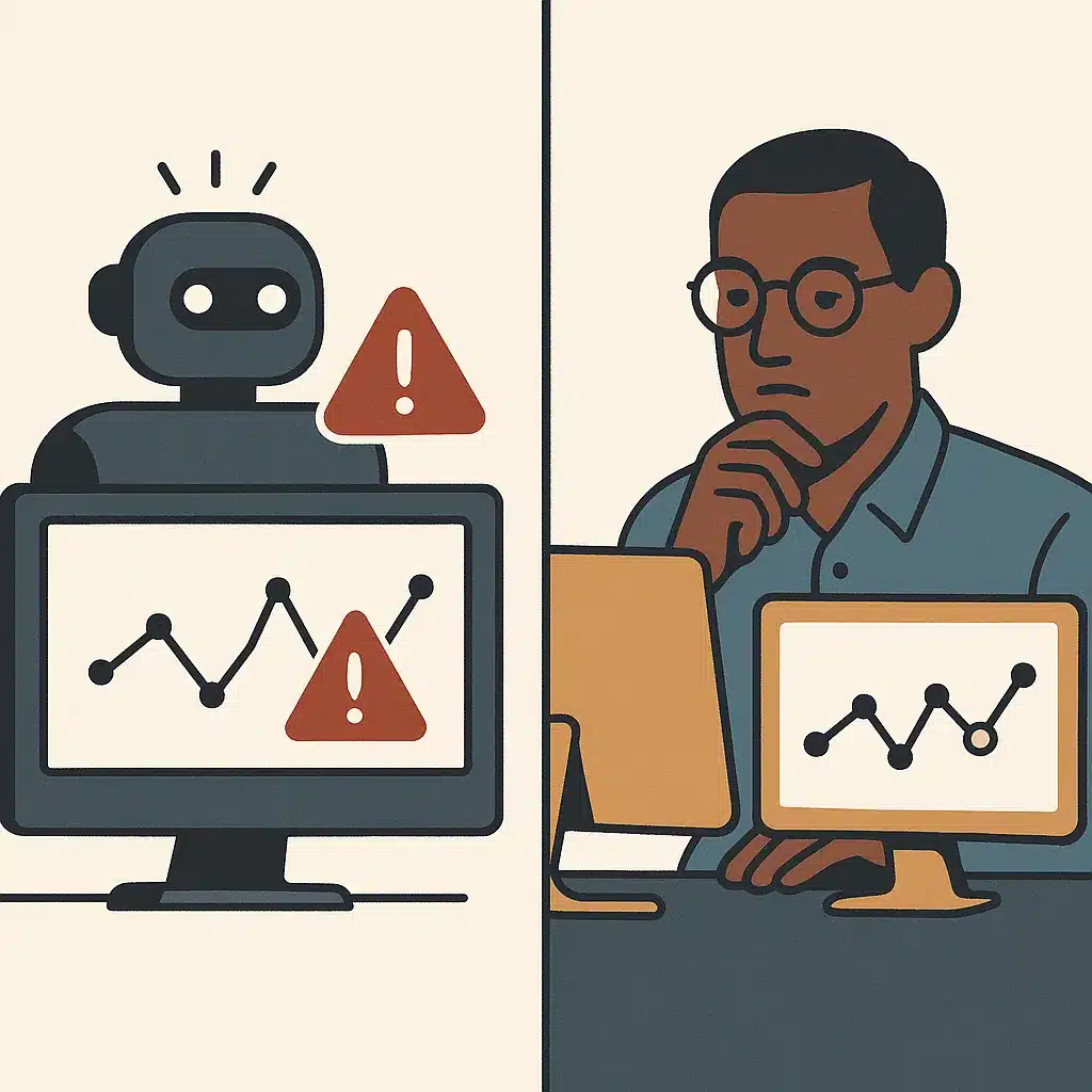 An AI system flags a data anomaly on one screen while a human reviewer evaluates it on another in a workspace.
