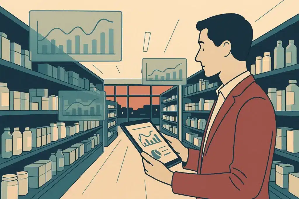 A retail store interior at dusk with a manager using a tablet, surrounded by digital overlays of inventory and sales data.