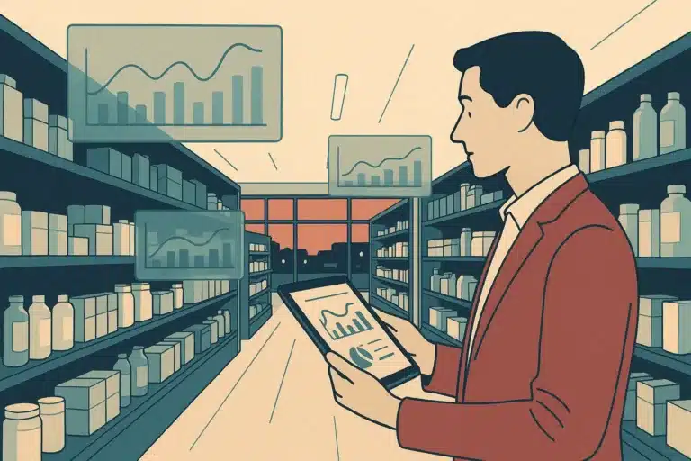 A retail store interior at dusk with a manager using a tablet, surrounded by digital overlays of inventory and sales data.