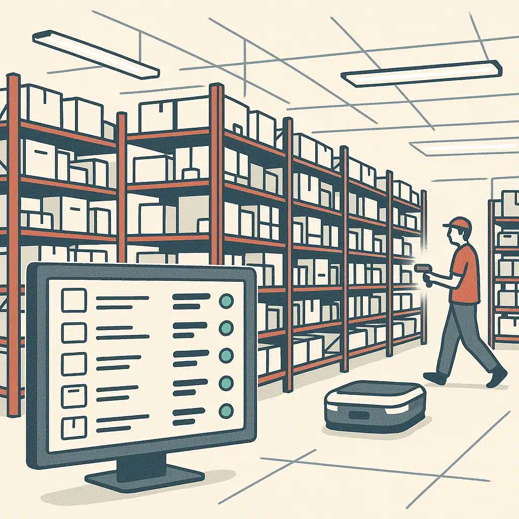 An automated retail warehouse with organized shelves and a digital dashboard showing stock levels and replenishment alerts.