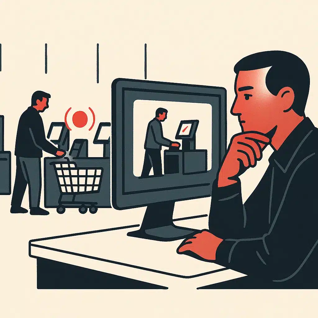 A retail security operations area features a self-checkout with a monitoring screen showing a flagged transaction and an analyst reviewing it.