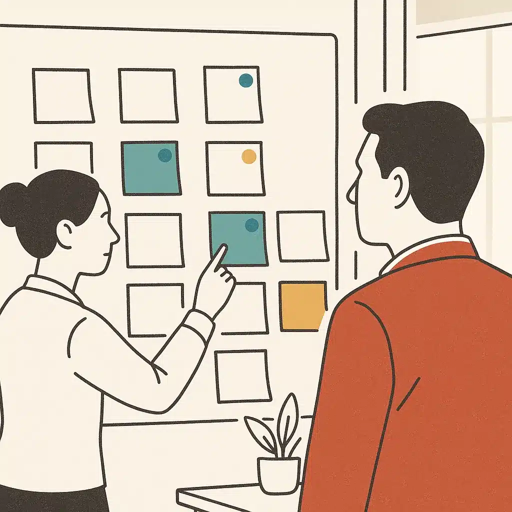 A business owner and operations lead collaborate on a whiteboard, organizing retail tasks with sticky notes and colored dots.