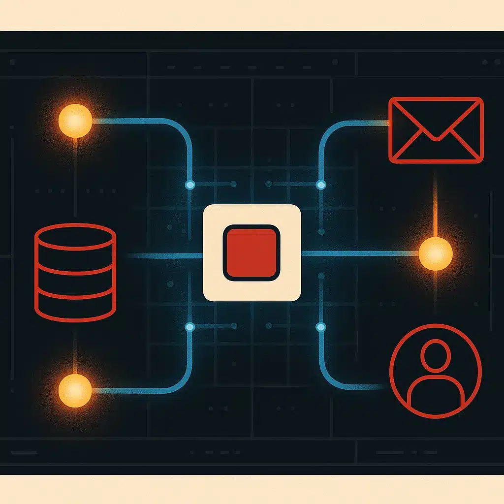 Glowing nodes and pipelines connect icons for a database, email, CRM, and a central app hub on a dark technical dashboard.
