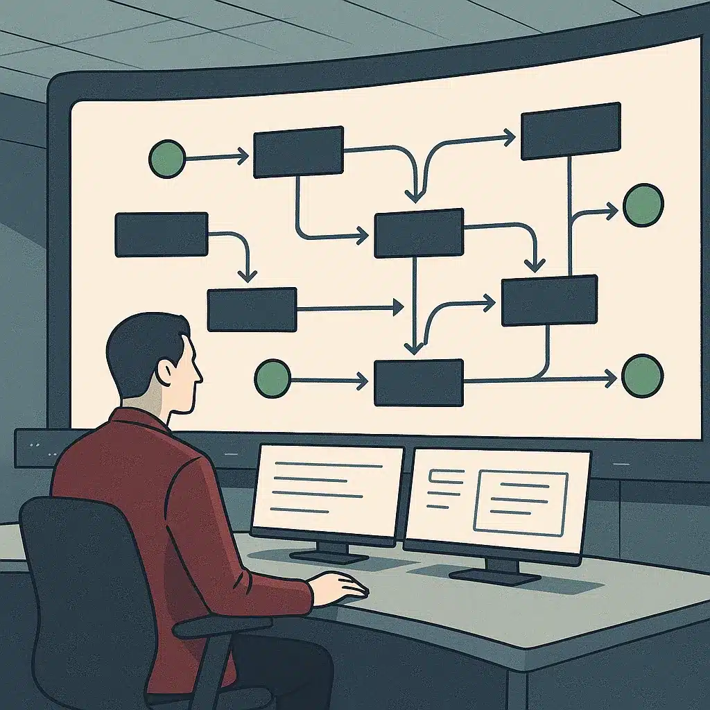 A modern control room features a large curved screen displaying an automated workflow diagram, with a professional observing.