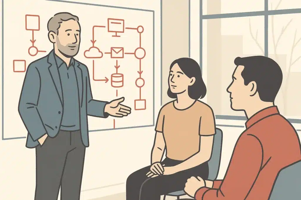 A business consultant talks with two small-business operators beside a glass wall filled with workflow diagrams in a modern office.