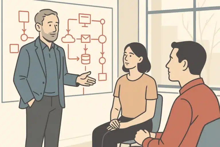 A business consultant talks with two small-business operators beside a glass wall filled with workflow diagrams in a modern office.