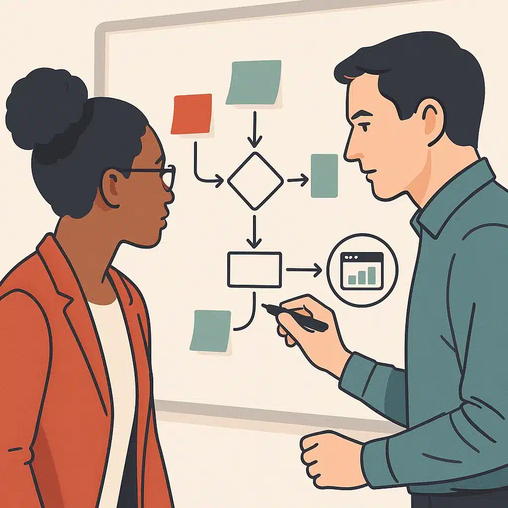 A consultant and operations manager sketch a process flow on a whiteboard with sticky notes and software icons.