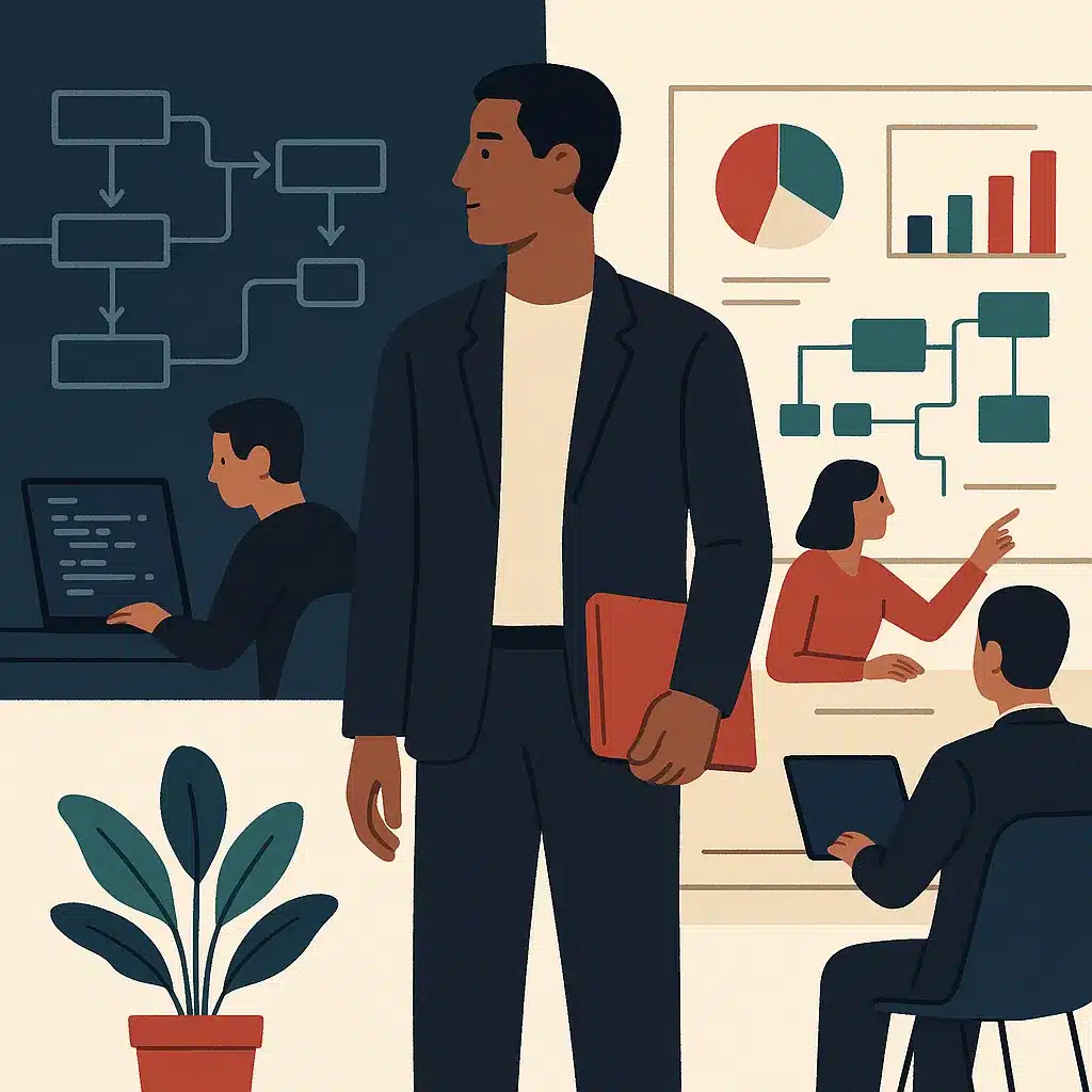A professional stands between a technical workspace with code and data pipelines and a business planning session with charts.