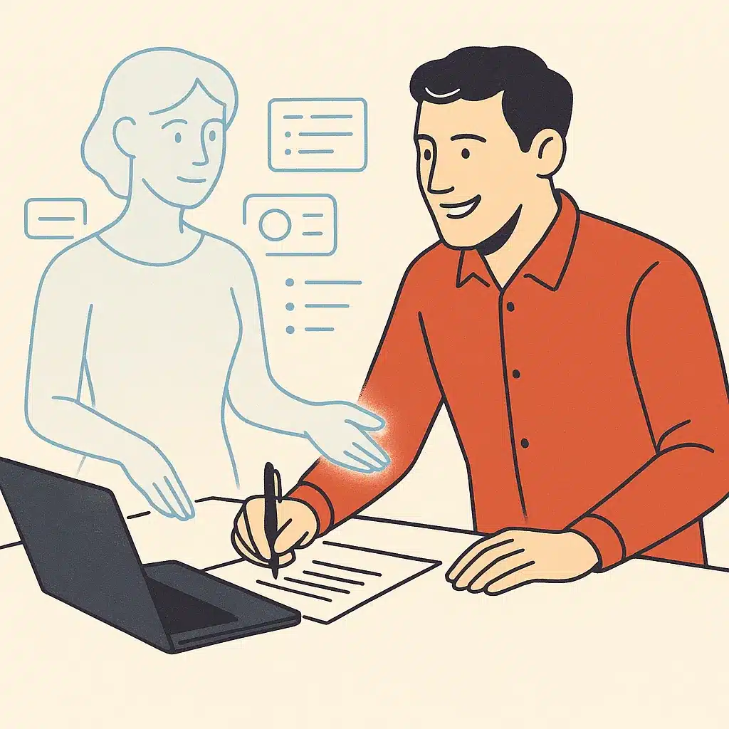 A consultant and a holographic AI assistant collaborate over a shared desk, with the consultant guiding the interaction.