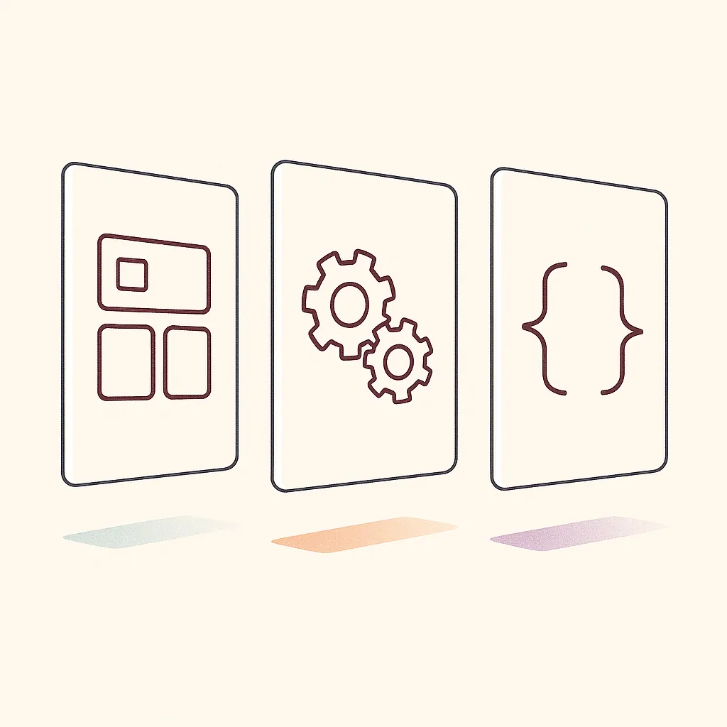 Three translucent glass panels labeled with icons for no-code, low-code, and open source, arranged in a minimalist studio space.