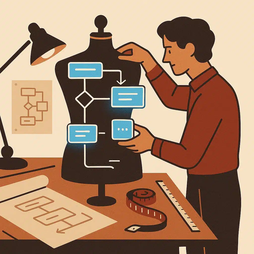 A craftsperson fits glowing interface panels to a mannequin resembling a business workflow diagram in a workshop filled with tools.