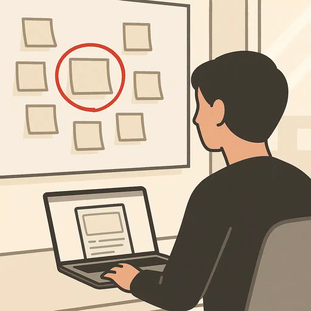 A whiteboard filled with sticky notes and a circled problem statement next to an open laptop displaying an empty app canvas.