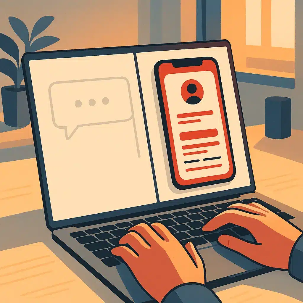 A laptop displays a chat prompt on the left and a mobile app screen on the right, with hands typing on the keyboard.